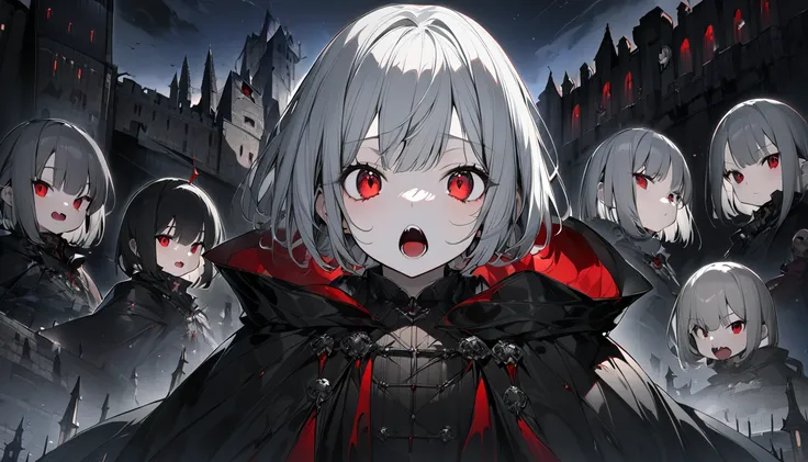 (( High Quality ,最 High Quality ,8k, best image quality)),Girl 1,cute,(Gray Hair:1.2),( short bob:1.2), with little exposure , upper body only、(Red Eyes:1.1)、( vampire),(Black Cape),Character portrait, upper body only,tooth, open your mouth wide,In the bac...