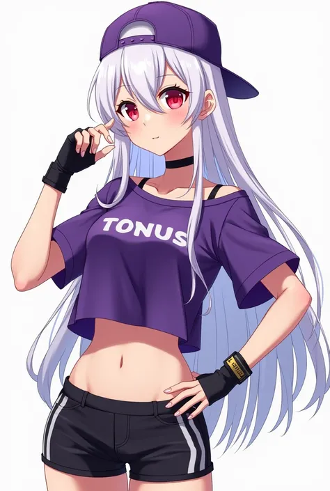 anime young adult girl with long white hair, red eyes, purple backwards cap, purple loose shoulder t-shirt, black bra, black sports shorts, fingerless black gloves, bare feet