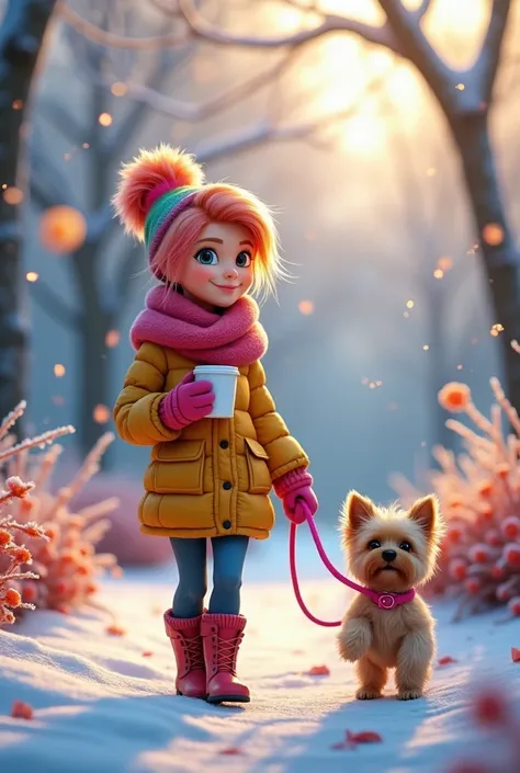 a winter’s morning a Pixar style character of a young happy woman with rainbow coloured hair in a messy bun wrapped up in a cosy outfit and boots scarf and gloves holding a warm coffee walking her little Yorkshire terrier dog on a pink lead with a pink dog...