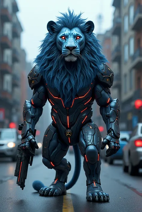 Image of a lion whith luzes BLUE standing on an urban street under an overcast sky, intricately designed , with neon red accents and futuristic weaponry, visor with complex details and reflective surfaces."