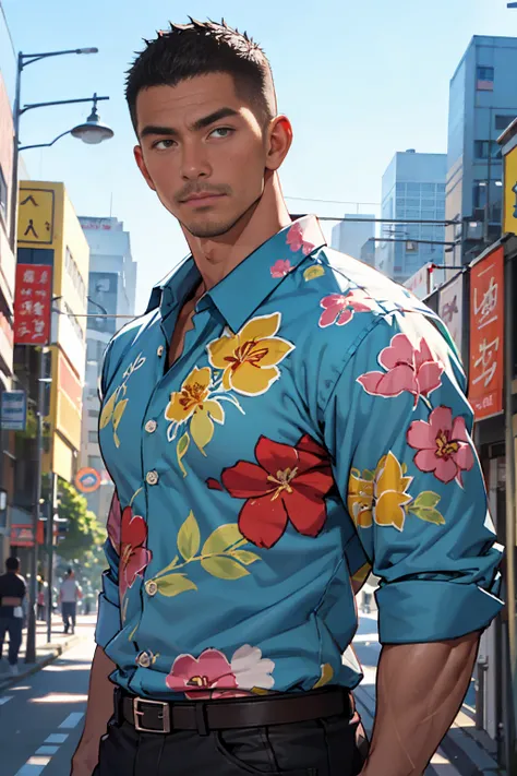 (Masterpiece, high resolution, best quality), solo, 1 male, 50-years old man, asian, black hair, crew cut, slant eyes, tall and muscular, aloha shirt, looking at viewer, upper body, cityscrape background