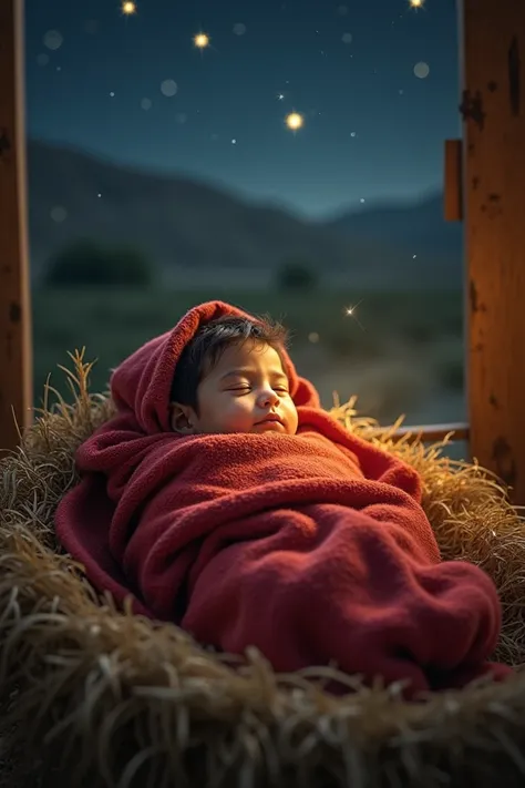 Birth of the baby Jesus in the manger dressed in the vinotinto flannel ( Venezuelan soccer team ) 