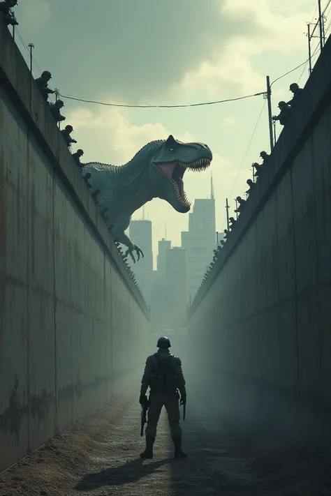  A city surrounded by high concrete walls ,  with a tyrannosaurus roaring outside trying to cross,  as armed soldiers watch from the top of the walls ;  Dramatic sky , dark colors and a sense of tension 