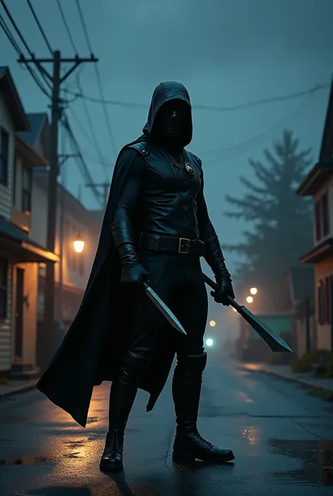 A cover for a book about a teenager who, at night, is a vigilante who wears a handmade black suit who uses melee weapons, who poses watching a small town