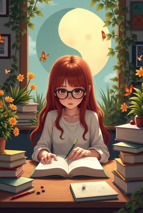 Draw a girl with black glasses and long reddish-brown hair with short bangs.  You are reading a book ,  surrounded by a bunch of books , notebooks, pencils, pens , butterflies, flores, Birds and ladybugs .  In the background the merged moon and the sun shi...