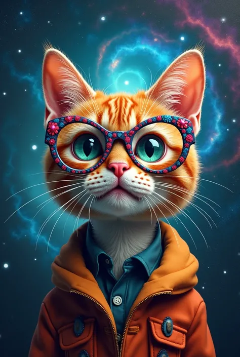 Photo of a cats head with Williwonka glasses and space background 