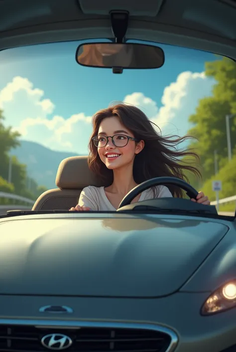 create this scene .  Imagine a fair-skinned young woman  ,  with glasses and long hair loose in the wind ,  sitting behind the wheel of a 2009 Celta .  The car may be gray or silver  ,  to add a touch of energy to the scene .  She could be driving down a r...