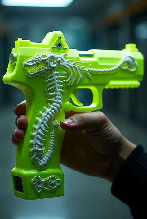  a futuristic pistol that is equipped with a predator skeleton in a bright green color with a bright highlighter and white ribs of the predator gun is in the hand and bears the name "Atie " This pistol is very unique and antique  