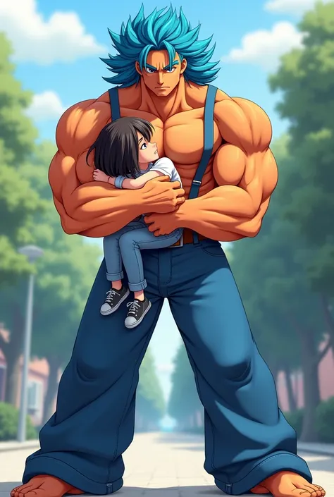 Make a anime drawing fanart of a buff 20 year old boy with a totally full orange body skin and a totally full blue hair, with no shirt and with a suspensers, with a longer blue jeans and a belt. He’s holding (with legs between) an 18 year old girl with whi...