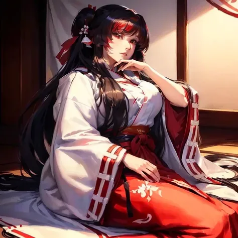 a woman sitting on the floor in a red and white outfit, female anime character, reimu hakurei, artistic render of reimu hakurei, anime girl with long hair, onmyoji portrait, beautiful alluring anime woman, beautiful anime woman, flowing hair and long robes...