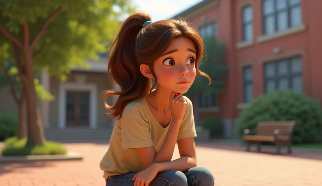 A teenage girl, with brown hair tied in a ponytail, sits on a bench in the school courtyard. Her gaze is fixed, thoughtful, determined.  3D Pixar style, focusing on Sofias emotions.