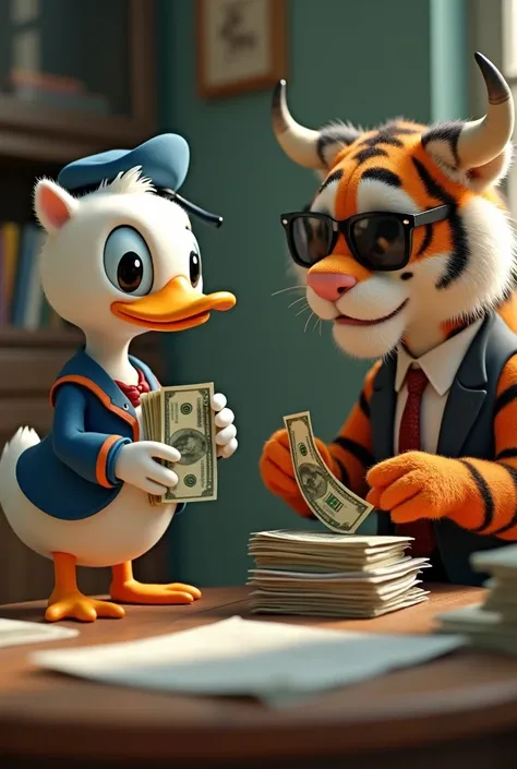 A male dish similar to Donald Duck on a table along with a male tiger wearing dark glasses and a male bull and dark glasses counting money