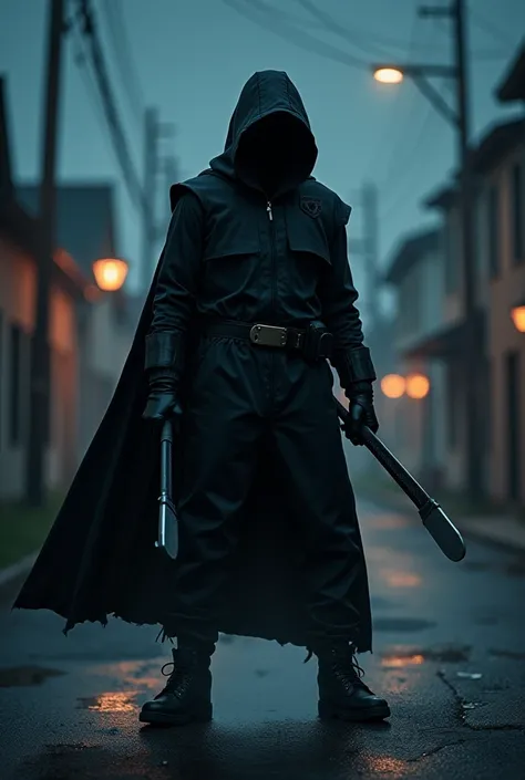 A cover for a book about a teenager who, at night, is a vigilante who wears a handmade black suit who uses melee weapons, who poses watching a small town