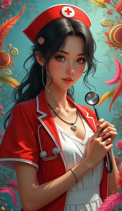 arafed woman in a red and white nurse outfit holding a stethoscope, with a stethoscope, natasha tan maciej kuciara, nurse girl, gorgeous female jade tailor, doctor, 2 , stethoscope!, 2 , 2 , mai anh tran, nurse, (doctor), gemma chen, half asianHD, (Best De...