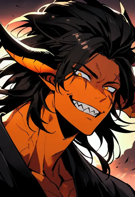 I need you to make a demon man character. He has orange skin and sharp pupils. One of his eyes is completely black, and around that eye, he has a scar. This character has a handsome, masculine face. His horns are long, and his hair is black. He needs to be...