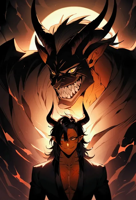 I need you to make a demon man character. He has orange skin and sharp pupils. One of his eyes is completely black, and around that eye, he has a scar. This character has a handsome, masculine face. His horns are long, and his hair is black. He needs to be...