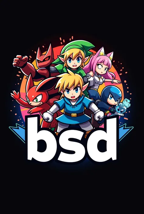 A logo that says "BSD "  with a video game theme that features 5 characters from Super Smash Ultimate (  toon link Samus Lucario Corrin and Incineroader ) Let it be beautiful 