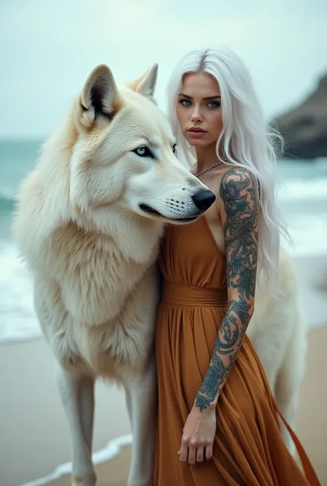 White wolf on the beach with a white haired beautiful female with blue eyes and tattoos long tan leather dress