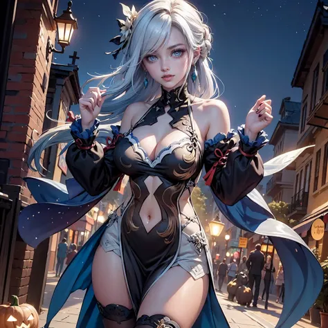 1girl, dress, jewelry, silver hair, glow hair, flowing hair, ahoge, armpits, bandaged arm, bandaged hand, bandaged leg, bandaged neck, bandage chest, bandages all over the body, bandages, bare shoulders, glow eyes, mummy costume for Halloween, Halloween th...