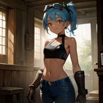 old wooden house、smiling、(Light blue ponytail、Brown Skin、Smaller breasts、 slimmer body in a building)、(Goggles on head、thimble gloves 、 jeans、 black tube top )