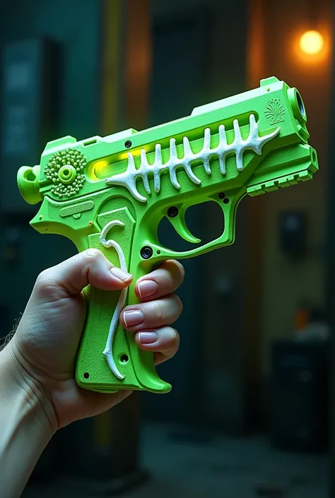  a futuristic pistol that is equipped with a predator skeleton in a bright green color with a bright highlighter and white ribs of the predator gun is in the hand and bears the name "Atie " This pistol is very unique and antique  