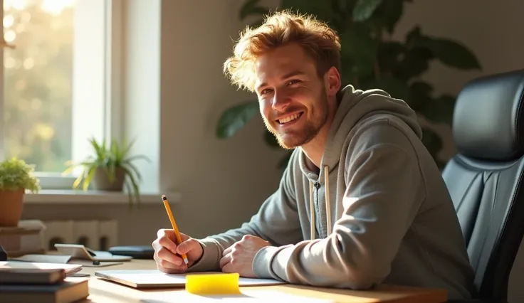 A serene home office setting with a man in his late 20s, fair skin, wavy blond hair, wearing a casual hoodie, sitting at a desk with a single sticky note in front of him. He smiles lightly, holding a pencil and writing something simple. Natural daylight fr...