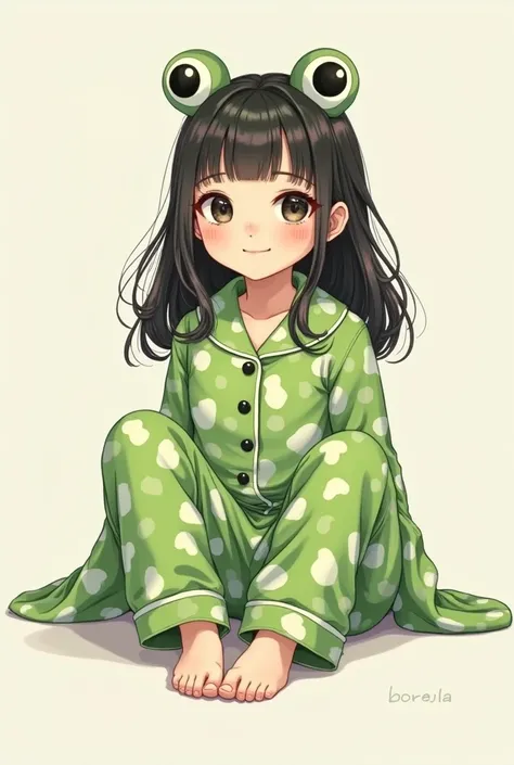 Full body anime Korean girl with long hair in frog pajamas