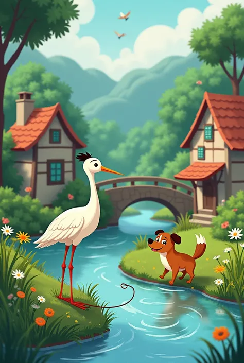 Once upon a time, in a peaceful village nestled between a sparkling river and a deep forest, lived a graceful crane named Clara and a cheerful dog named Danny. Clara lived near the river, where she would fish for her meals, while Danny belonged to a kind f...