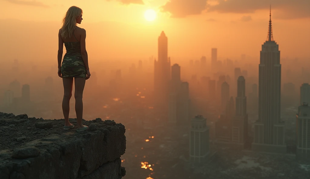  A young blonde woman in a short camouflage dress ， Standing on top of an abandoned high-rise building ，Overlooking the devastated city ， The sunset in the distance reflects an orange sky， gives a feeling of hope and despair 