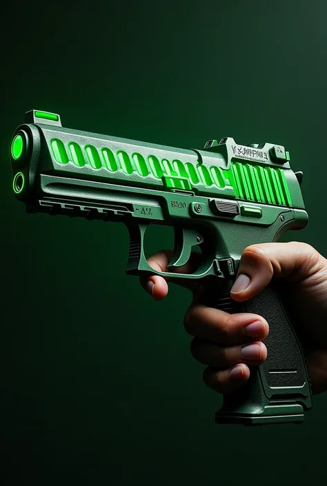 A futuristic pistol equipped with a green predator skeleton with a shiny highlighter and white predator ribs. The gun is in the hand and bears the name "Atie " This pistol is very unique and antique  