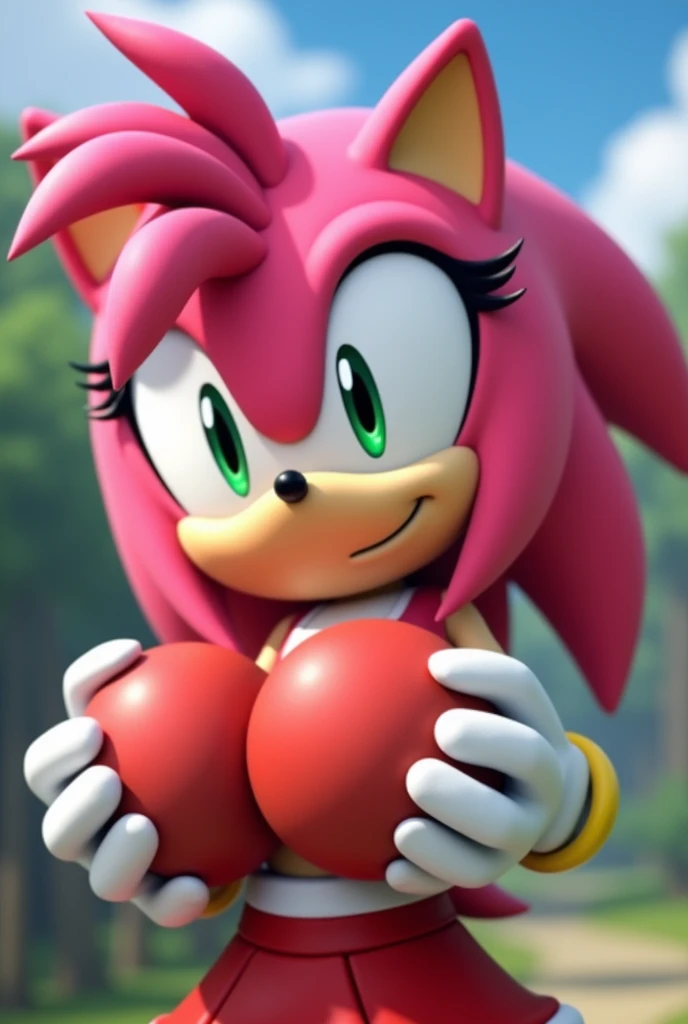 Amy Rose from Sonic naked clutching both tits with a happy face 