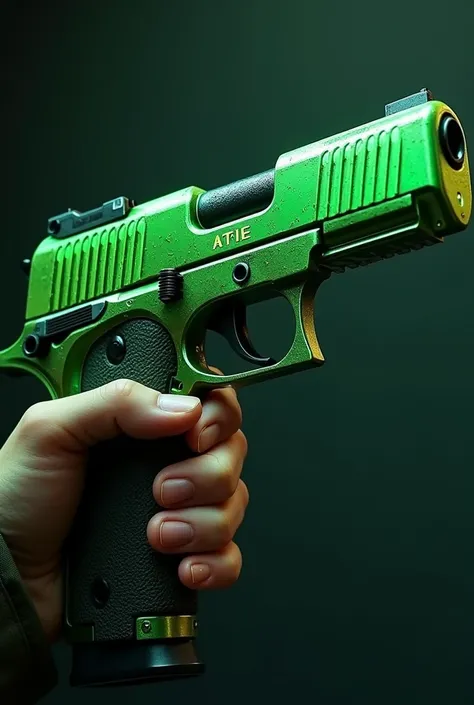 A futuristic pistol equipped with a green predator skeleton with a shiny highlighter and white predator ribs. The gun is in the hand and bears the name "Atie " This pistol is very unique and antique  