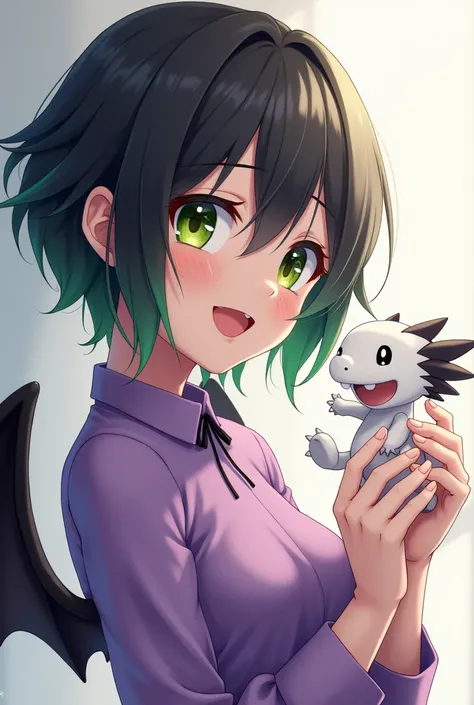 Women, big, adult, girl,  short hair , black with green tips , right eye green,  left eye white, semidemonio, Anime 2.5 d, purple dress, smiling, with black wings,  playing with a little white dragon with gray