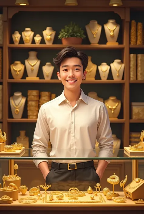 The young man, who runs a gold shop, wears a white shirt and black trousers. He is a bit chubby, no beard, no glasses, and a bright face. He stands in the counter selling gold and many precious jewelry. It should be a display cabinet for gold and precious ...