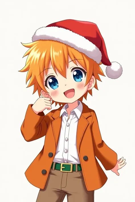 A boy with orange hair, an orange coat and a white blouse with blue eyes, brown pants and a green belt with a Christmas hat, anime version 