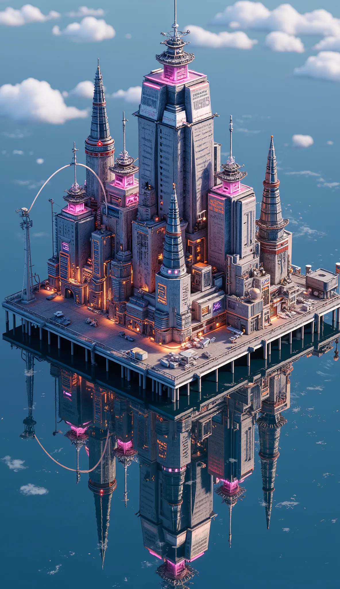 (masterpiece:1.2, best quality, ultra high resolution, Very detailed, best illustrations),8k, wallpaper,The city reflected on the surface of the water,(水面に移る Cyberpunkな都市:2.0),( Isometric 3D Illustration :2.0),Cute design,Game world,( steampunk:2.0),( Cyberpunk:2.0),anime, searchlight ,neon