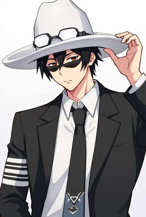 Shinichi Sakurai wearing a white shirt and black jacket with two white stripes on each sleeve of his hands and white swimming goggles with black visors right around the neck and a black tie with a white star with a white Mexican valero in his hand trying t...