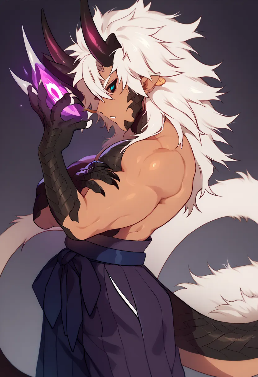 Solo, tanned dragon man, bara, with white hair, fluffy messy hair, long unruly hair, dragon horns, black scales, long tail, black sclera, heterochromia, magenta eye, teal eye, abyssal power ,buff, black hole aesthetic , gradient skin, claws, angled from yh...