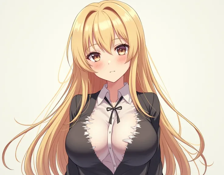 An anime style girl. She has long, straight light blonde hair. her breasts are huge. She has torn school clothes showing her breasts and pussy.