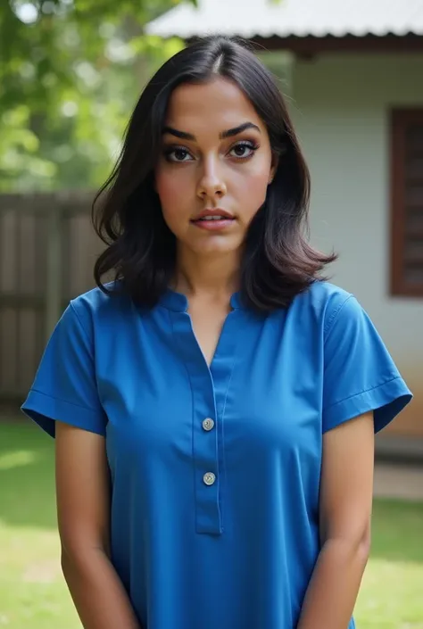 A real photo of a woman named Fika, aged 25, with shoulder-length wavy black hair and fair skin. She has a medium build, well-defined eyebrows, large black eyes, She  is  wearing a plain blue Indonesian short hands homedress called daster, she is standing ...