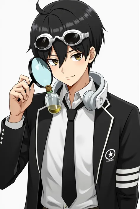 Shinichi Sakurai wearing a white shirt and black jacket with two white stripes on each sleeve of his hands and white swimming goggles with black visors right around the neck and a black tie with a white star with a bottle of bacterial juice and a magnifyin...