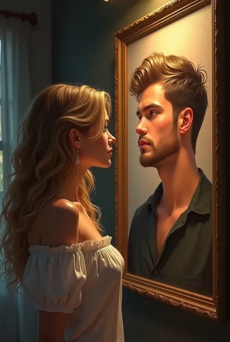 Create an image of a 20 year old woman who is adoring a painting. In the painting there is a 20 year old man who is looking at the woman which is adoring him. Woman has dark blonde curly hair to the shoulders, man has short beard and dark blond quite short...