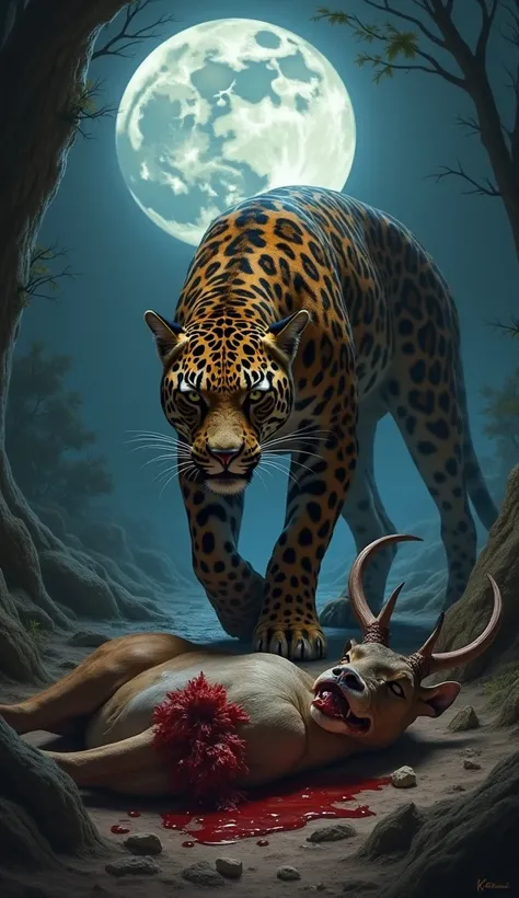 Jaguar killing deer and standing at the chest of dead bloody deer in back ground moon was climbing

