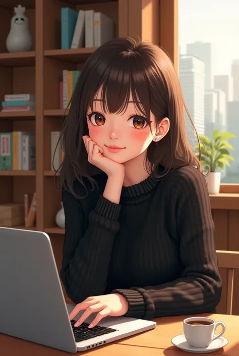  The warm wood texture creates an overall calm atmosphere {x} It shows a beautiful Japanese girl operating a laptop while relaxing by the cafe window。 and looks thick and soft 、 creates a friendly atmosphere while 、 staring at the camera with a gentle smil...