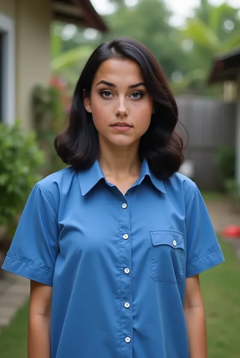 A real photo of a woman named Fika, aged 25, with shoulder-length wavy black hair and fair skin. She has a medium build, well-defined eyebrows, large black eyes, She  is  wearing a plain blue Indonesian short hands homedress called daster, she is standing ...