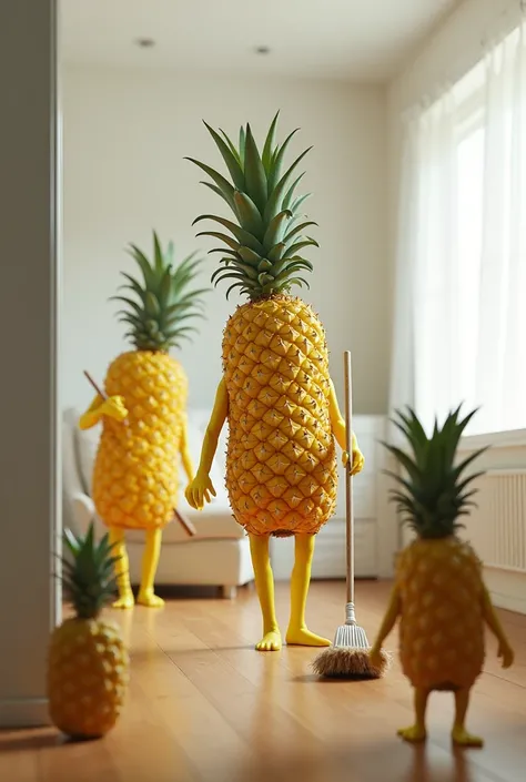 Naked pineapples without any clothes sweeping the house