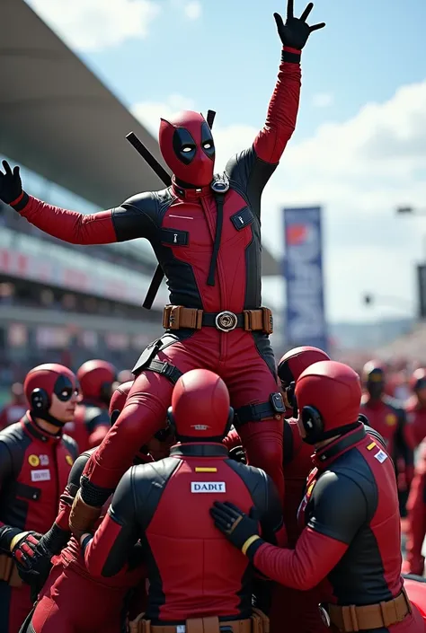  DEADPOOL with his Formula 1 racing costumes celebrating the victory of another race with his team , jumping on top of friends and celebrating  