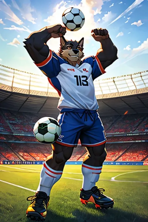 Create a hyper-realistic image of a humanoid creature with the physical traits of a strong, muscular human and a mixed-breed dog (mutt). Capture the figure wearing a traditional soccer uniform, including a short-sleeved jersey, shorts, knee-high socks, and...