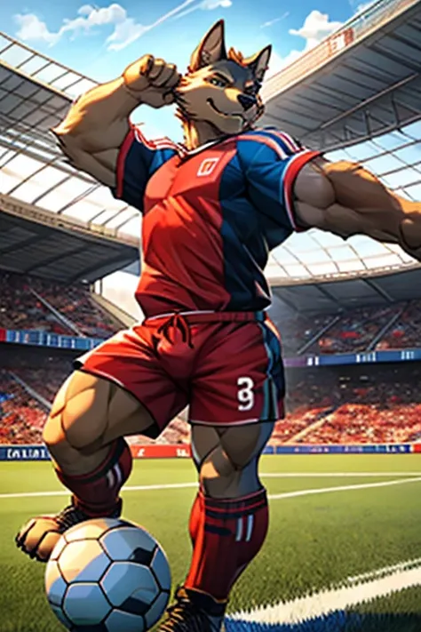 Create a hyper-realistic image of a humanoid creature with the physical traits of a strong, muscular human and a mixed-breed dog (mutt). Capture the figure wearing a traditional soccer uniform, including a short-sleeved jersey, shorts, knee-high socks, and...