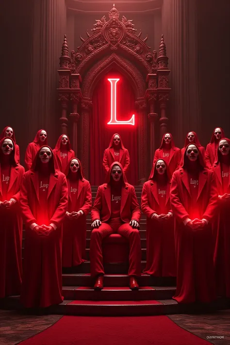 Create a red throne that has a large L and 10 men with a red light in their two hands and who have a suit that covers everything and that says Lupe in red on both sides and a clown mask